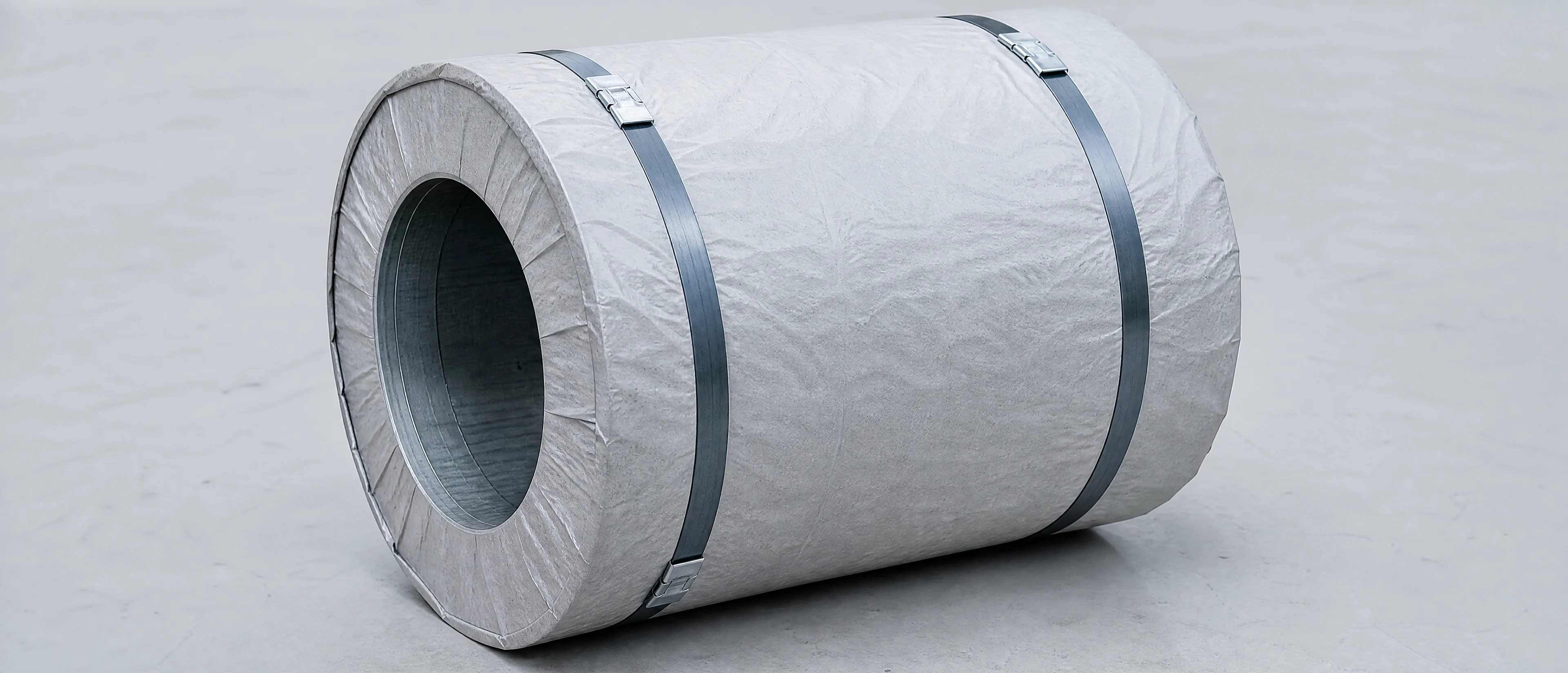 Stahlcoil in Schutzpapier verpackt und mit Stahlbändern umreift