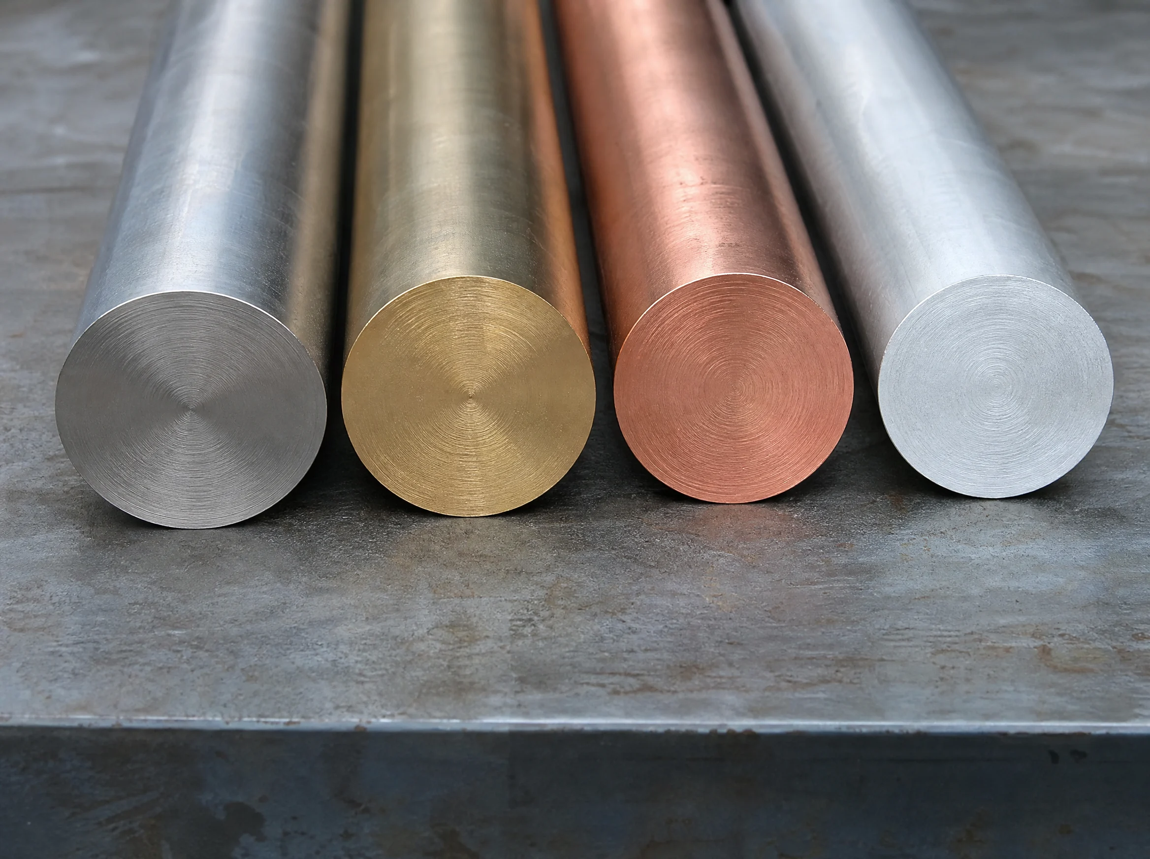 Stirnseiten von Rundstangen aus Edelstahl, Messing, Kupfer und Aluminium