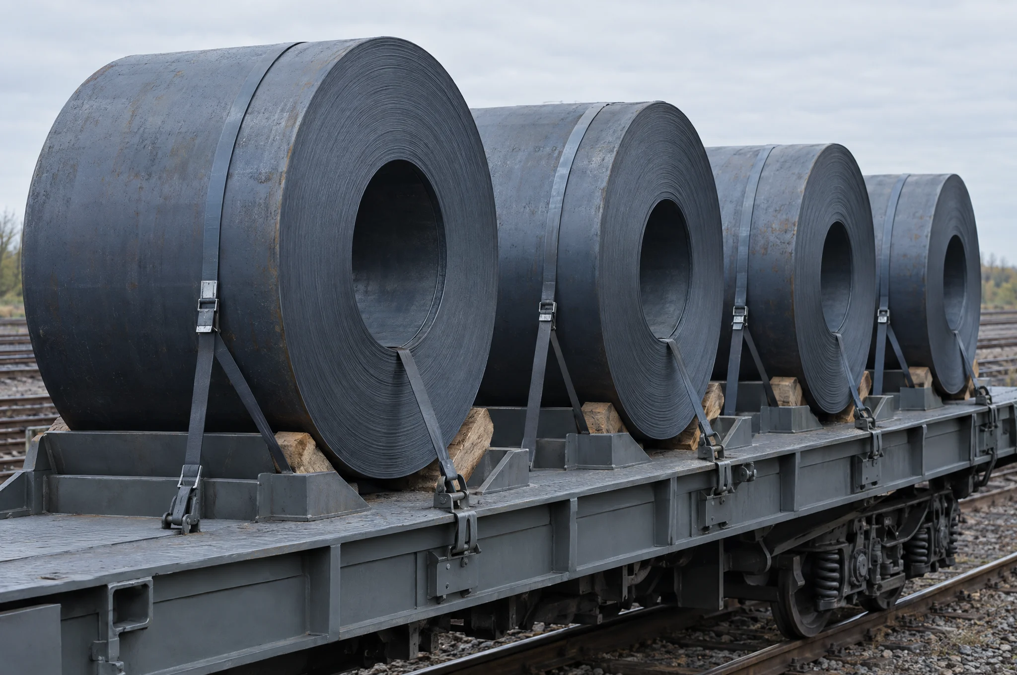 Stahlcoils auf Eisenbahn-Flachwagen, in Coilmulden gesichert